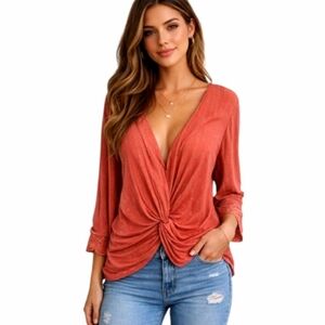 Coco + Jaimeson Top Desert Oasis Draped Twisted Knot Bell Sleeve V-neck Sz L NWT